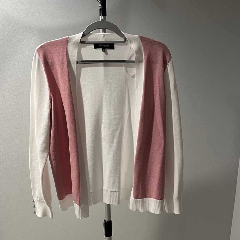 Chic Pink and White Open-Front Cardigan